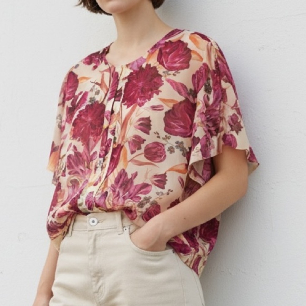 BCBGMAXAZRIA Sheer Floral Blouse - Botanical Print, Size M (NWT)